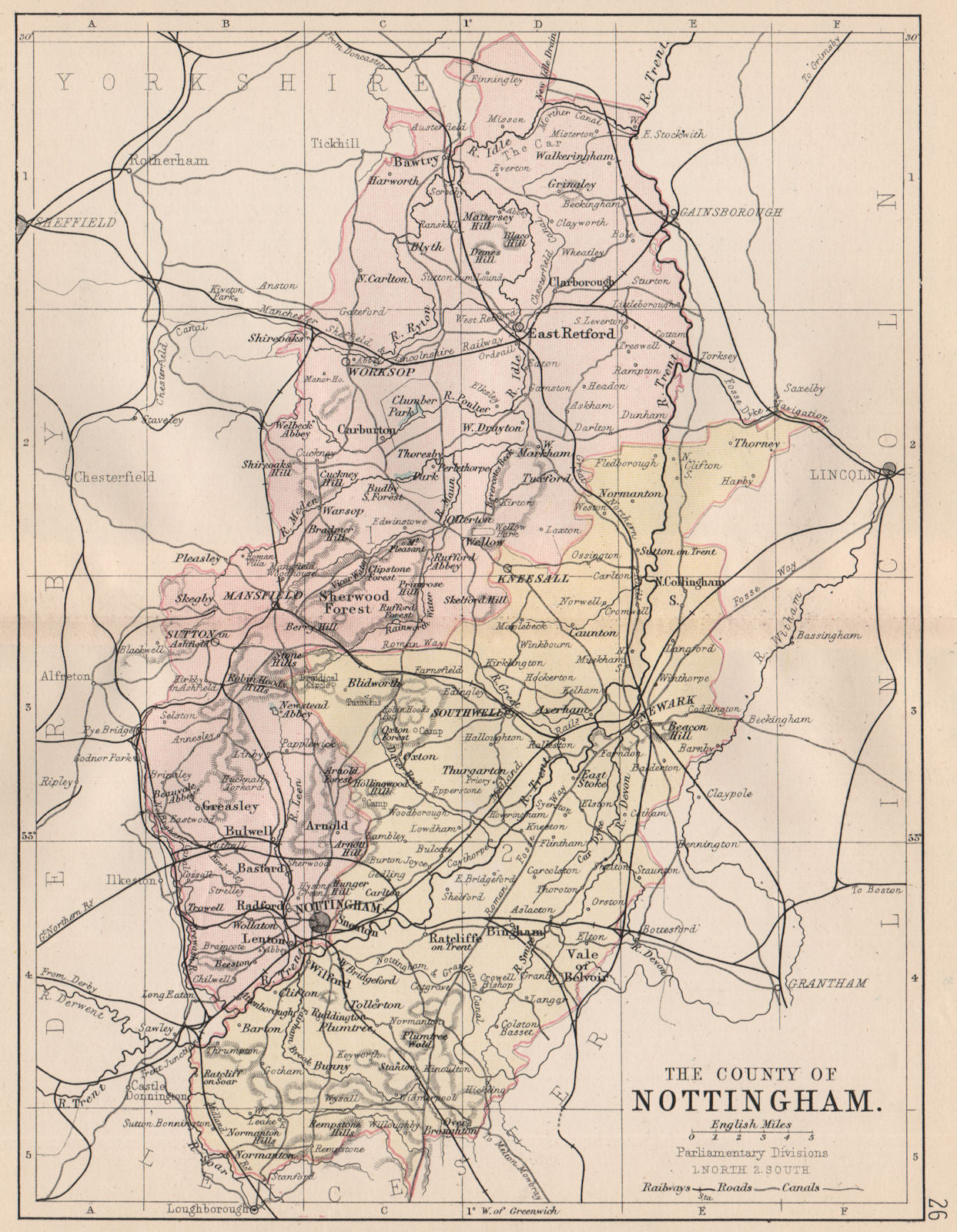 NOTTINGHAMSHIRE. County map. Railways canals. Constituencies. PHILIP 1882
